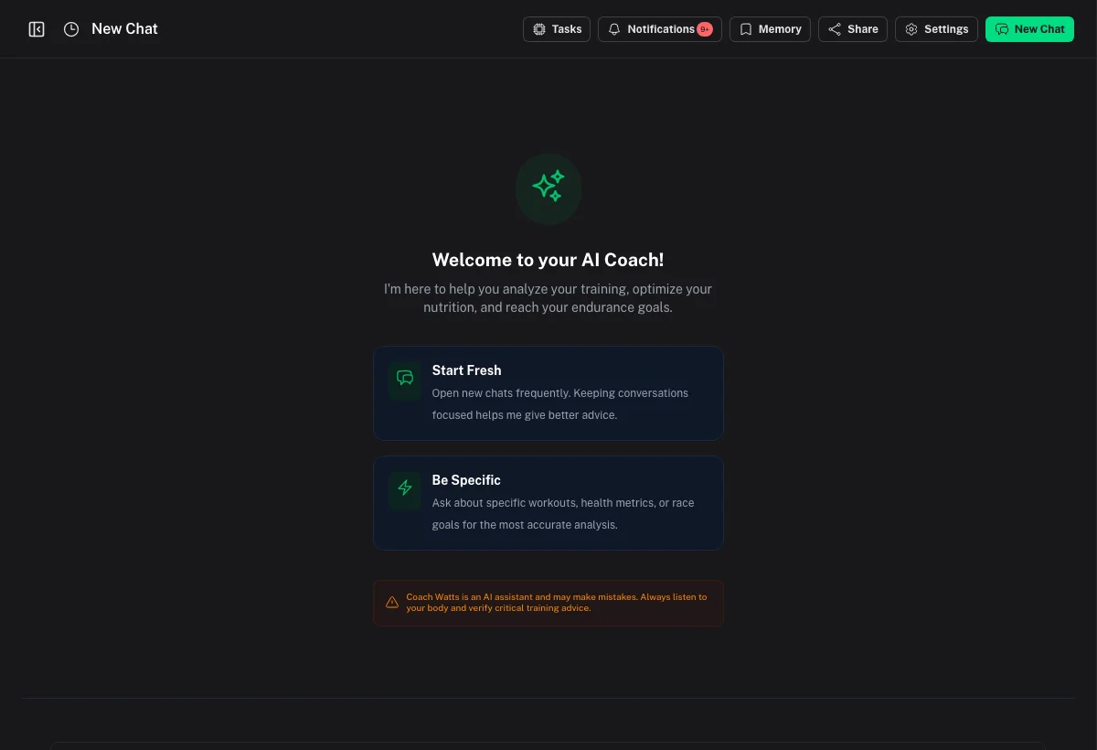 AI Chat welcome screen for analyzing training, nutrition, and goals
