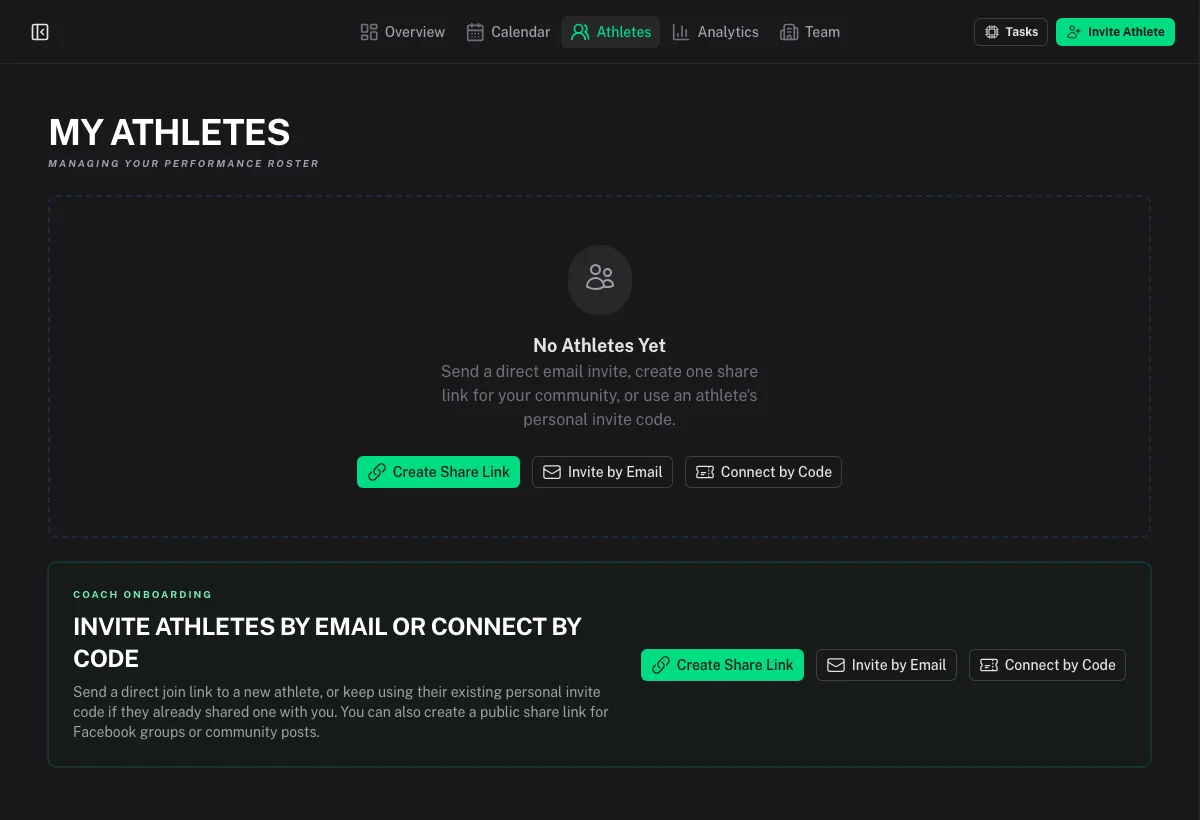 Athletes roster and invite tools under Coaching → Athletes